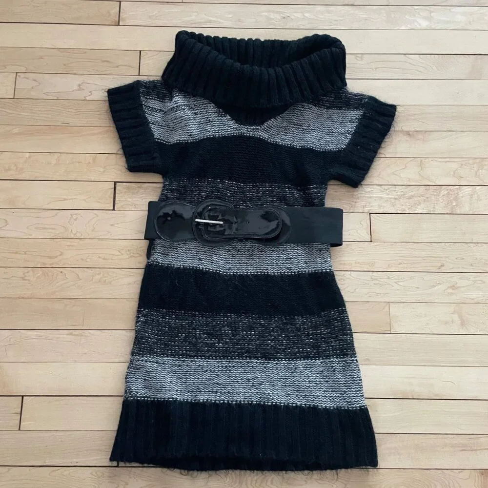 Vintage Y2K Say What Sweater Dress L Cowl Neck Belt Knit Striped Librarian Fall